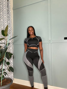 Black and charcoal crop/full-length legging set, very stretchy, model:166lbs size s/m